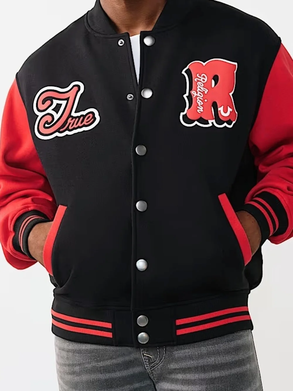 True Religion Black and Red Mens Letterman Jacket